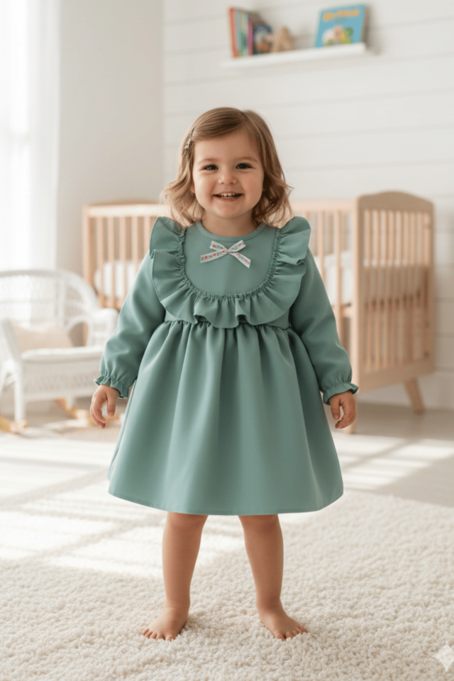 Mint Yeşili Fırfır Ve Dantel Detaylı Vintage Krep Tasarım Kız Çocuk Bebek Elbise
