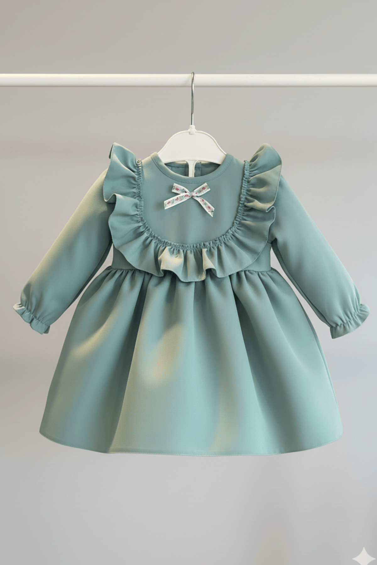 Mint Yeşili Fırfır Ve Dantel Detaylı Vintage Krep Tasarım Kız Çocuk Bebek Elbise