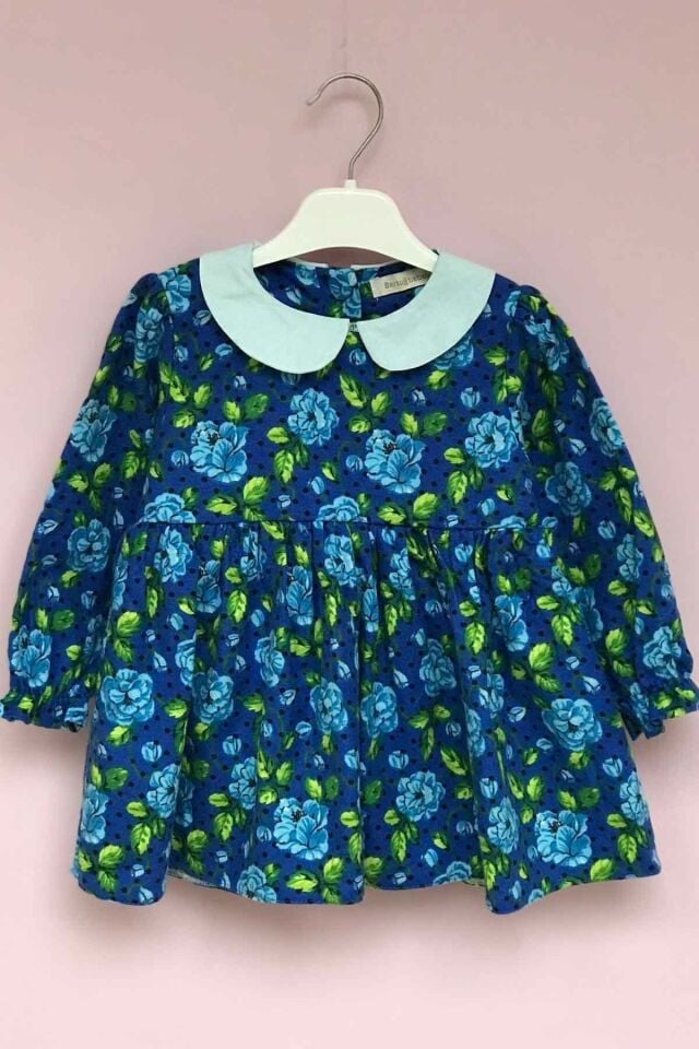 Bebe Yaka Mavi Gül Pazen Kız Çocuk Kız Bebek Elbise