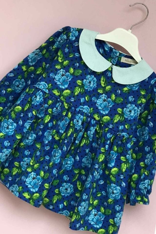 Bebe Yaka Mavi Gül Pazen Kız Çocuk Kız Bebek Elbise