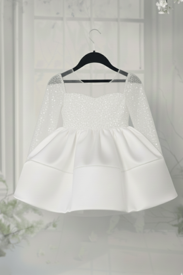 Boncuk Dantelli Kız Çocuk Bebek Kabarık Beyaz Elbise