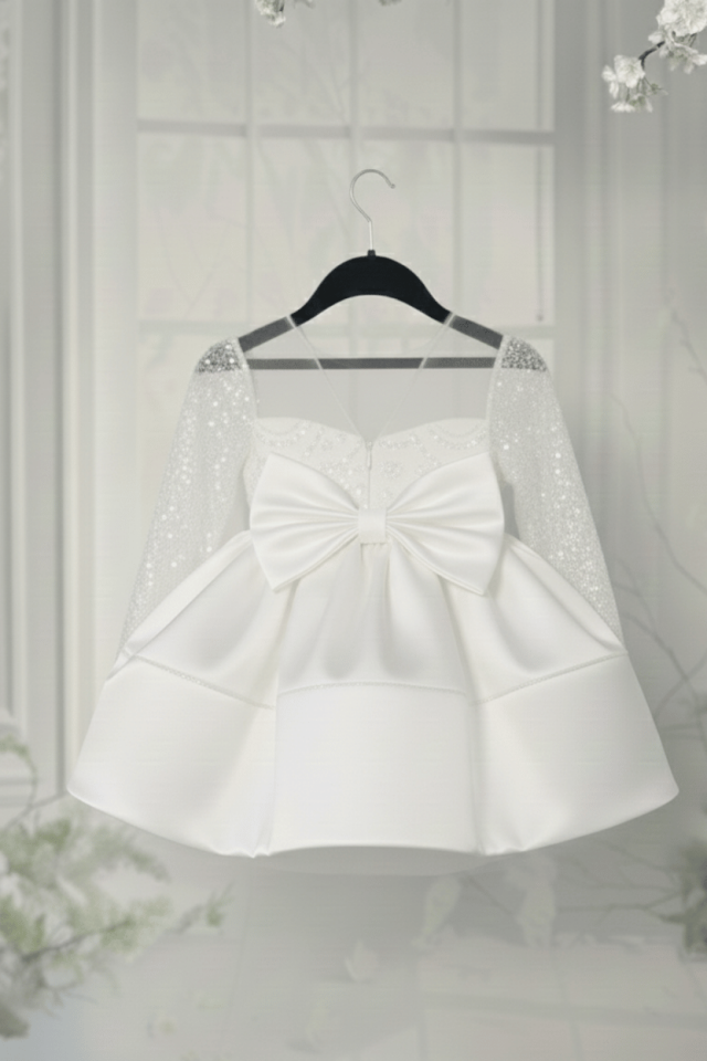 Boncuk Dantelli Kız Çocuk Bebek Kabarık Beyaz Elbise