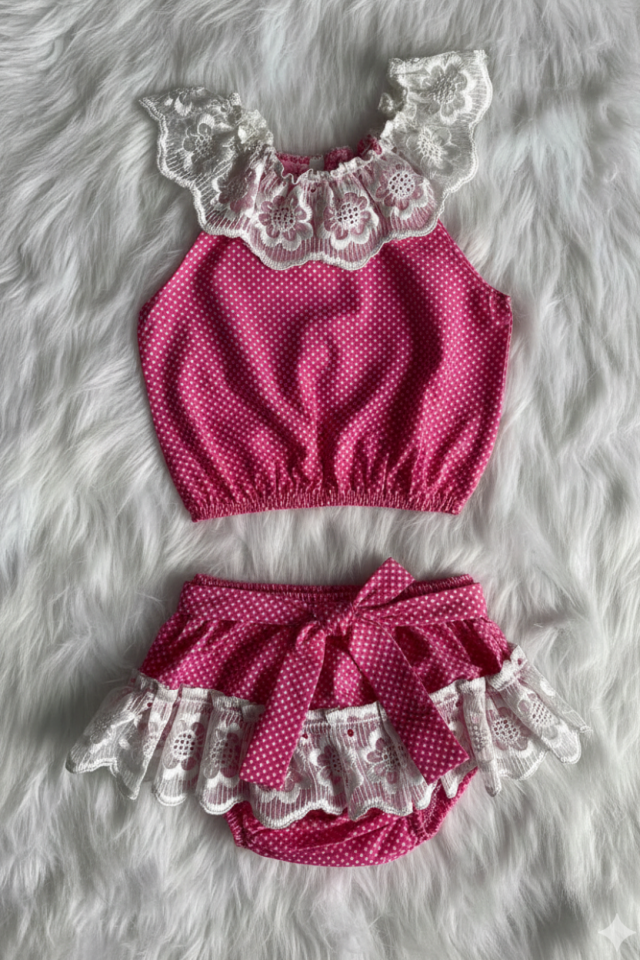 Pembe Puantiyeli Güpürlü Alt Üst Kız Bebek Çocuk Takım