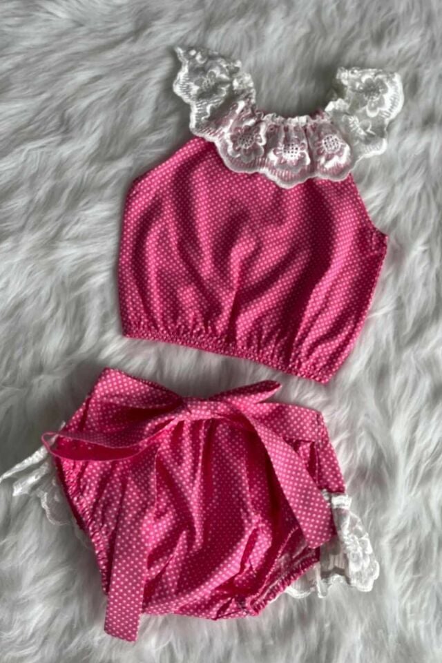 Pembe Puantiyeli Güpürlü Alt Üst Kız Bebek Çocuk Takım