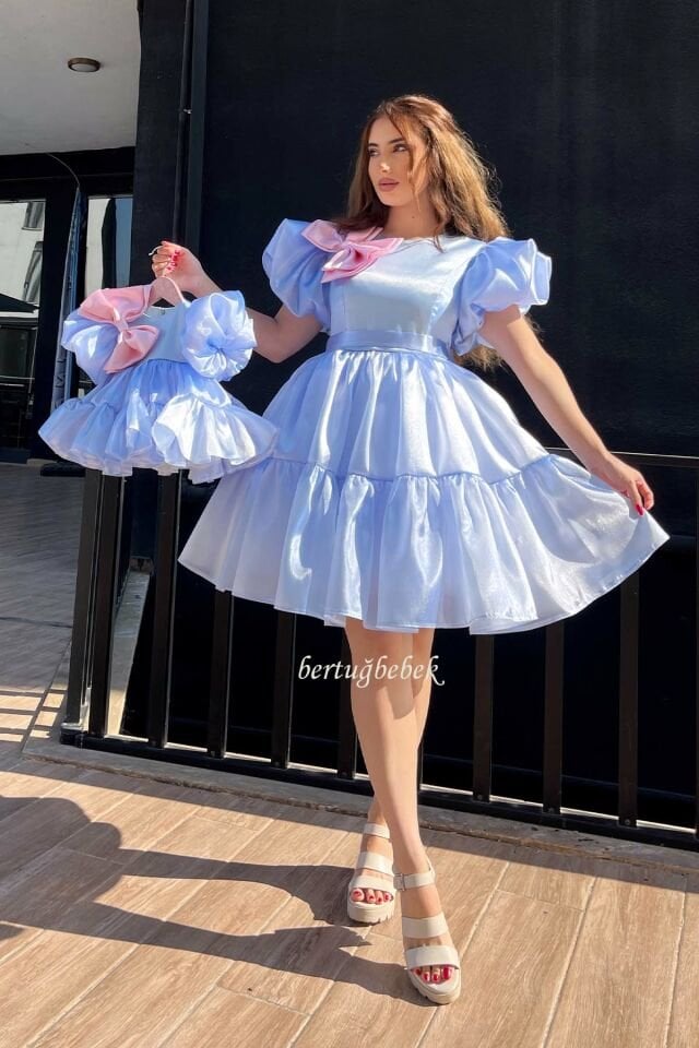 Mother Baby Girl Child Organza Combination Evening Dress Blue Pink Suit