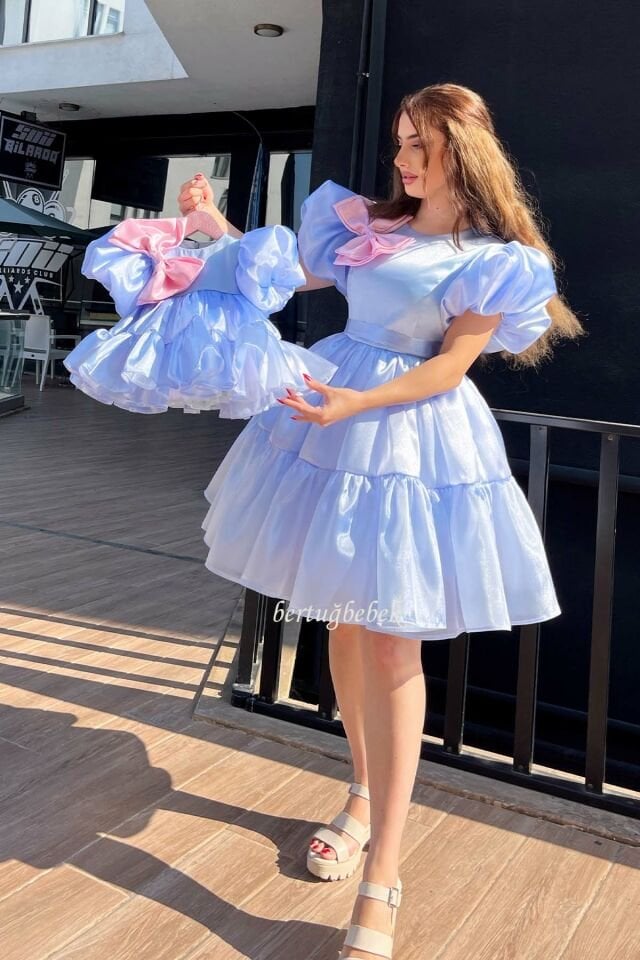 Mother Baby Girl Child Organza Combination Evening Dress Blue Pink Suit