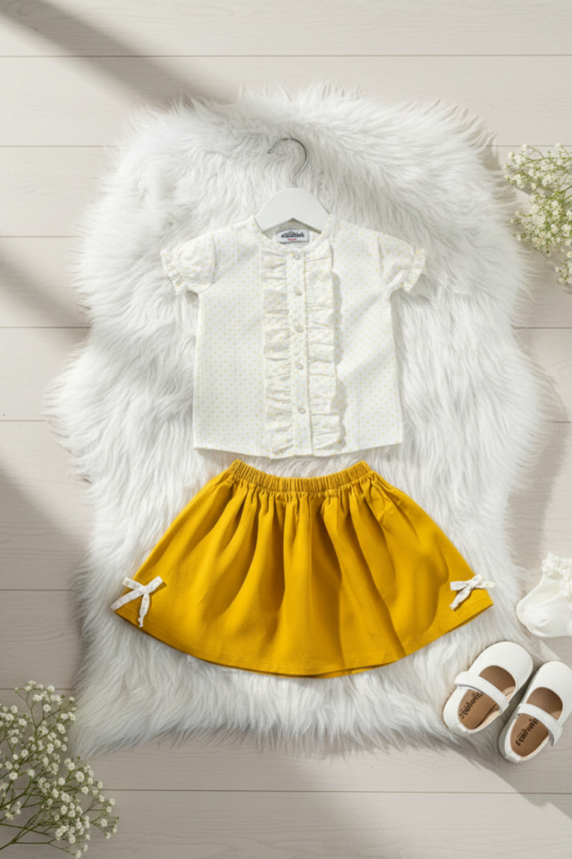 Puantiyeli Bluz Ve Keten Etek Kız Çocuk Takım