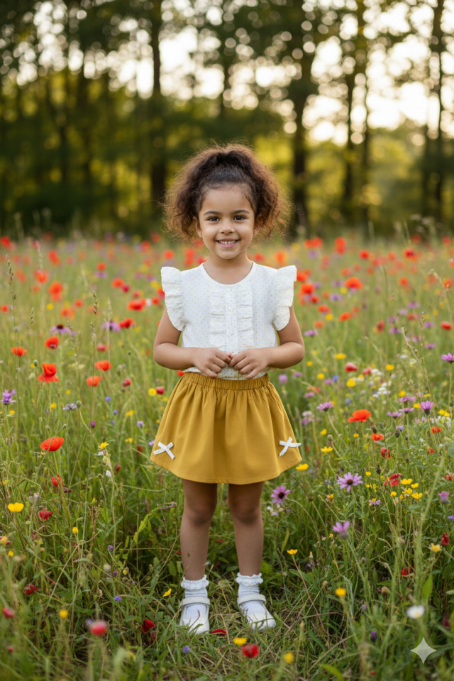 Puantiyeli Bluz Ve Keten Etek Kız Çocuk Takım