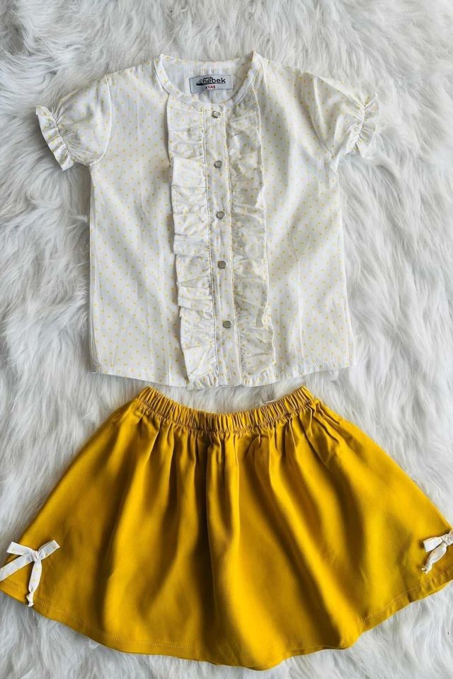 Polka Dot Blouse and Linen Skirt Girl Set Yellow - 4 years old