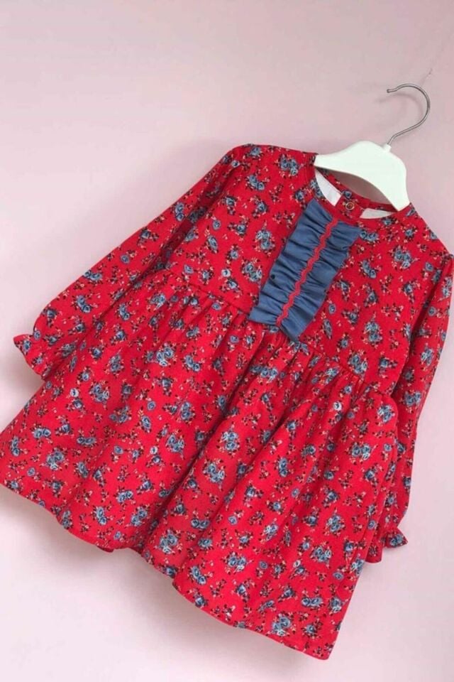Çiçekli Ve Fırfır Detaylı Nar Çiçeği Ve Mavi Kız Çocuk Bebek Pamuklu Elbise