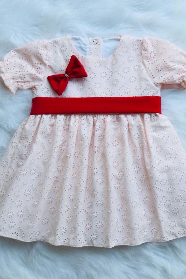Red Bow Detailed Powder Scalloped Design Girl Baby Birthday Dress Powder Pink - 24-36 months