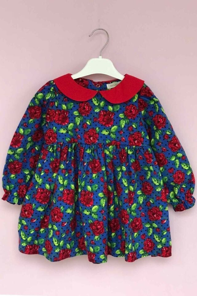 Bebe Yaka Gül Desenli Kız Çocuk Bebek Pazen Kırmızı Mavi Renkli Elbise