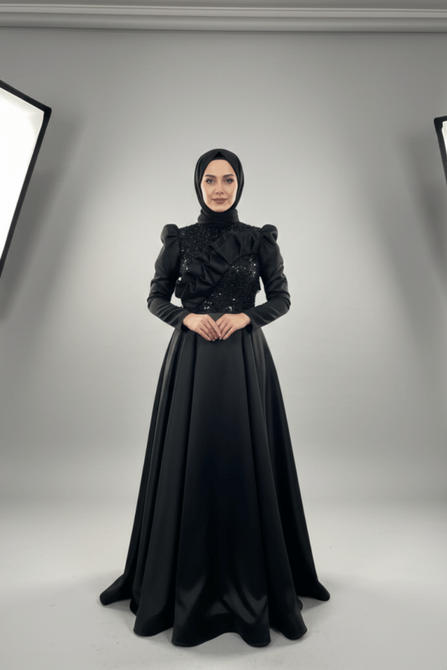 Siyah Boncuk Dantelli Kadın Nişan Özel Tasarım Siyah Abiye Tesettür Elbise