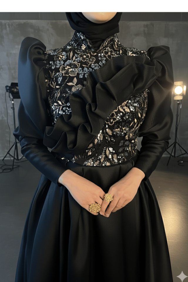 Siyah Boncuk Dantelli Kadın Nişan Özel Tasarım Siyah Abiye Tesettür Elbise