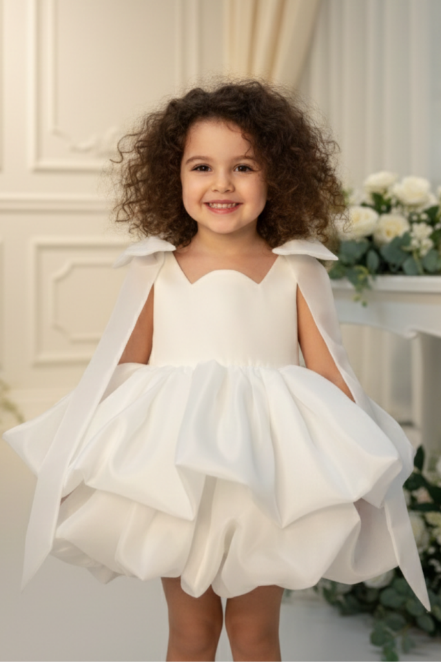 Kırık Beyaz Katlı Balon Etek Kolsuz Organze Abiye Mevlüt Doğum Günü Elbise