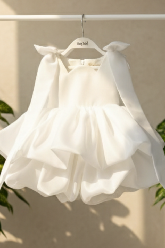 Kırık Beyaz Katlı Balon Etek Kolsuz Organze Abiye Mevlüt Doğum Günü Elbise