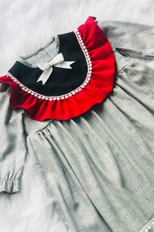Dantel Ve Fırfır Detaylı Gri Krep Kız Çocuk Bebek Elbise