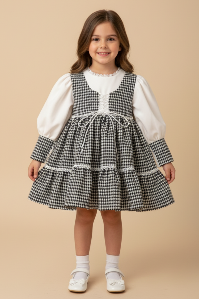 Hahnentrittmuster Crepe Abendkleid Mädchen Baby Schwarz und Weiß Kleid