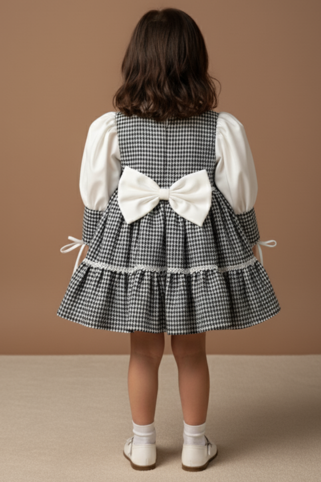 Hahnentrittmuster Crepe Abendkleid Mädchen Baby Schwarz und Weiß Kleid