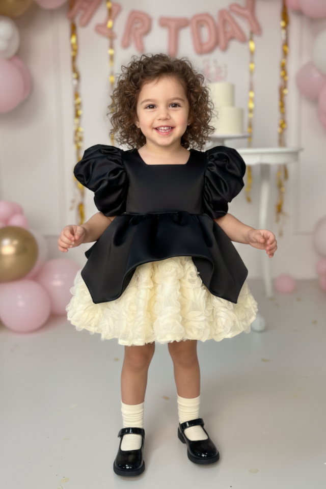 Ekru Güllü Siyah Saten Kabarık Kız Çocuk Bebek Abiye Elbise
