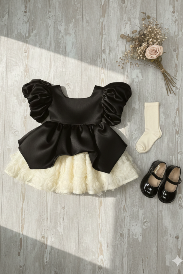 Ekru Güllü Siyah Saten Kabarık Kız Çocuk Bebek Abiye Elbise