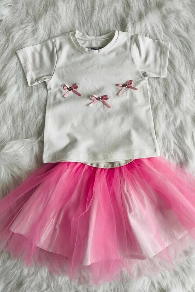 Pembe Beyaz Tshirt Etek Alt Üst Cici Kız Çocuk Bebek Takım