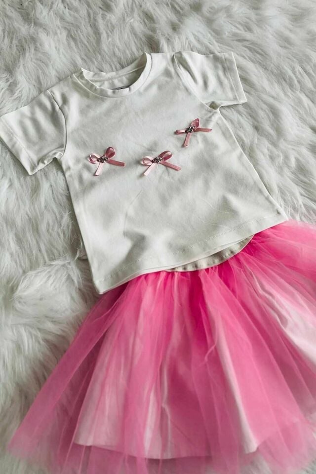 Pembe Beyaz Tshirt Etek Alt Üst Cici Kız Çocuk Bebek Takım