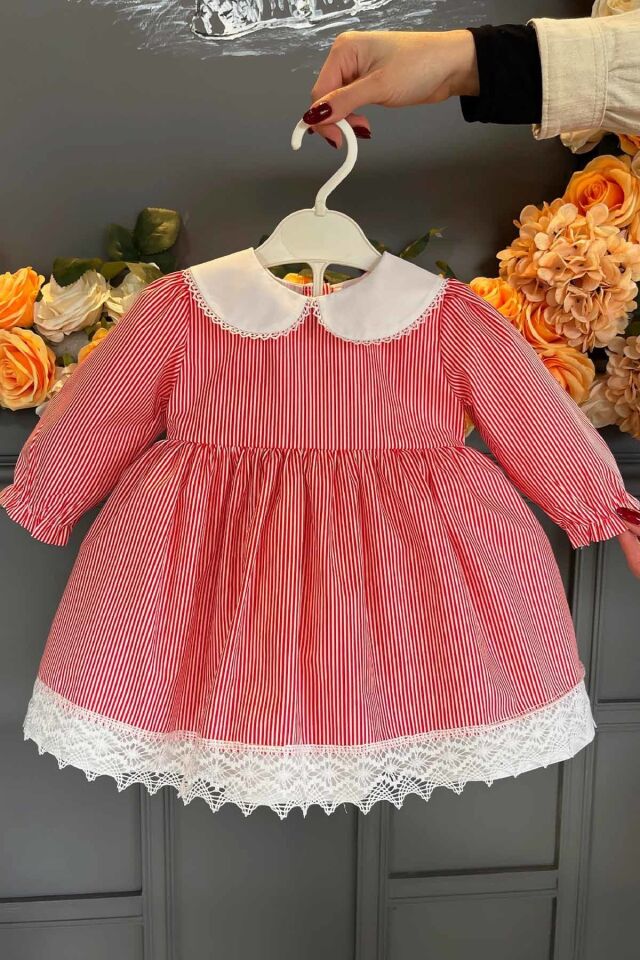 Kırmızı Beyaz Çizgili Uzun Kollu Pamuklu Dantelli Günlük Bebek Elbisesi