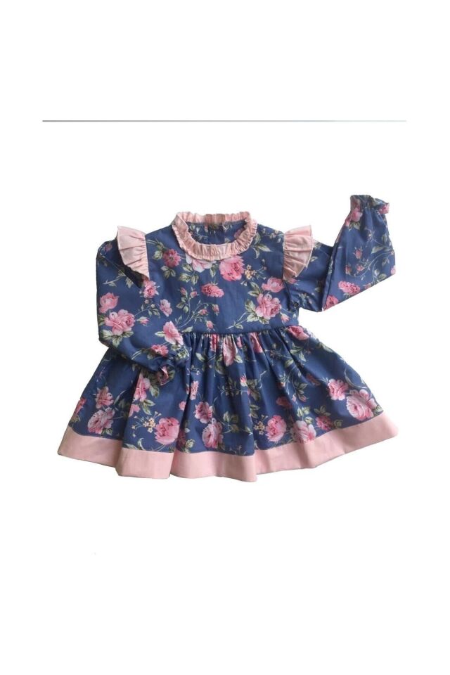 Fırfır Detaylı Çiçek Desenli Pembe Mavi Kız Çocuk Bebek Elbise