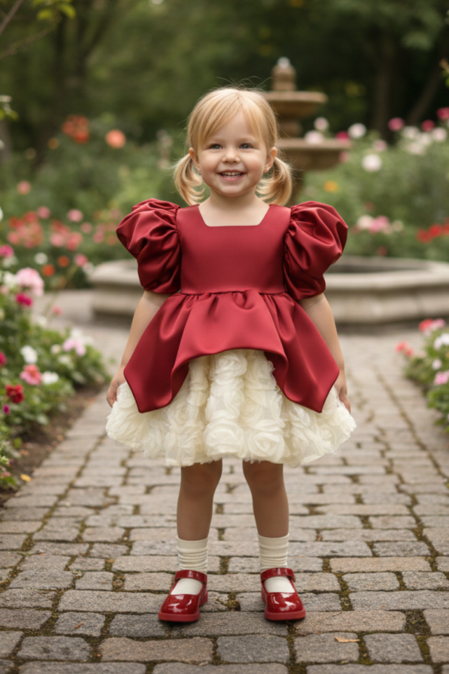 Ekru Güllü Kırmızı Saten Kabarık Kız Çocuk Bebek Abiye Elbise