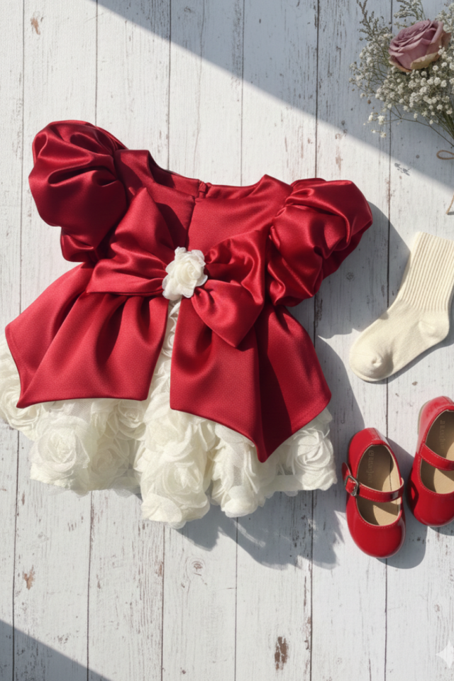 Ekru Güllü Kırmızı Saten Kabarık Kız Çocuk Bebek Abiye Elbise