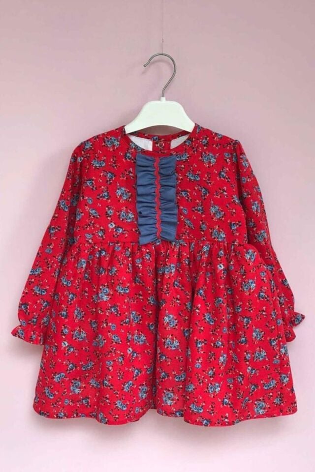 Çiçekli Ve Fırfır Detaylı Nar Çiçeği Ve Mavi Kız Çocuk Bebek Pamuklu Elbise