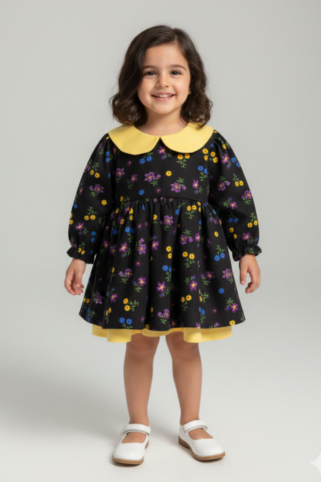 Bebe Yaka Poplin Kız Çocuk Bebek Pazen Poplin Siyah Sarı Elbise