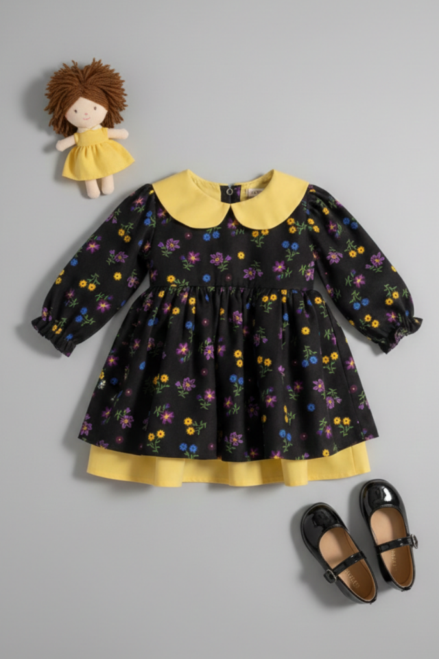 Bebe Yaka Poplin Kız Çocuk Bebek Pazen Poplin Siyah Sarı Elbise