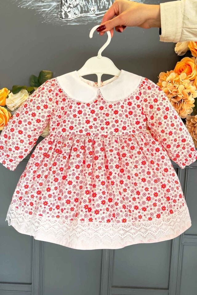 Kırmızı Çiçekli Uzun Kollu Pamuklu Dantelli Günlük Bebek Elbisesi