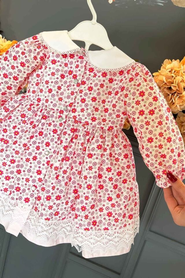 Kırmızı Çiçekli Uzun Kollu Pamuklu Dantelli Günlük Bebek Elbisesi