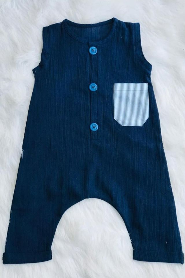 Pocket Detailed Buttoned Sile Cloth Navy Blue Girl Boy Baby Child Overalls