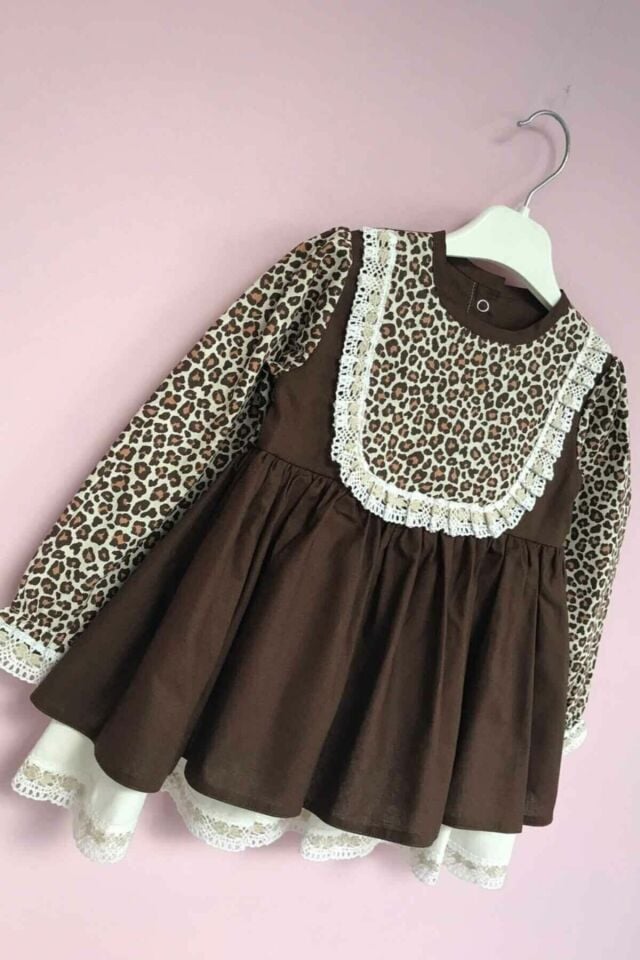 Dantel Detaylı Leopar Poplin Kız Çocuk Kız Bebek Elbise