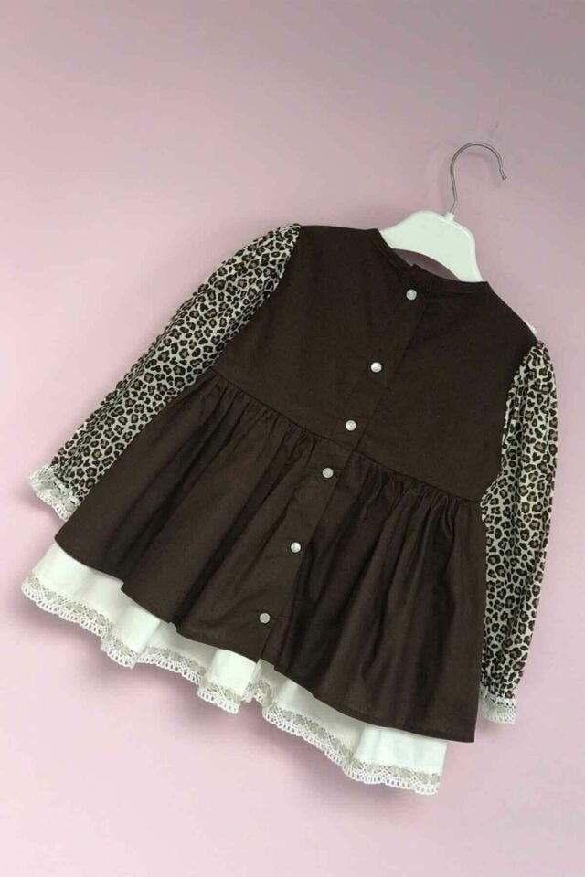 Dantel Detaylı Leopar Poplin Kız Çocuk Kız Bebek Elbise
