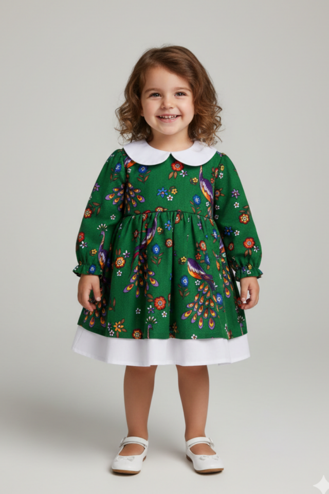 Bebe Yaka Poplin Kız Çocuk Bebek Pazen Poplin Yeşil Beyaz Elbise