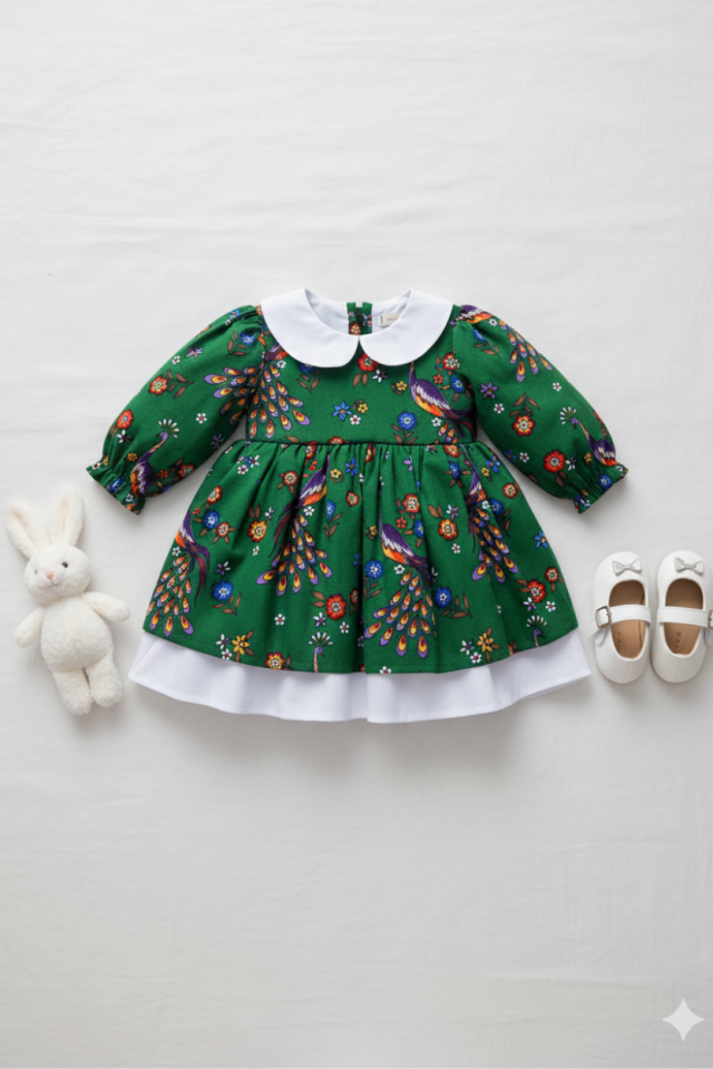 Bebe Yaka Poplin Kız Çocuk Bebek Pazen Poplin Yeşil Beyaz Elbise