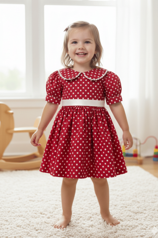 Bebe Yaka Dantelli Kız Çocuk Bebek Puantiyeli Pamuklu Kırmızı Minnie Elbise