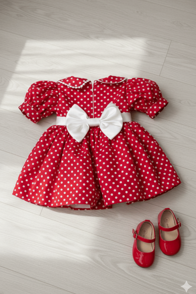 Bebe Yaka Dantelli Kız Çocuk Bebek Puantiyeli Pamuklu Kırmızı Minnie Elbise