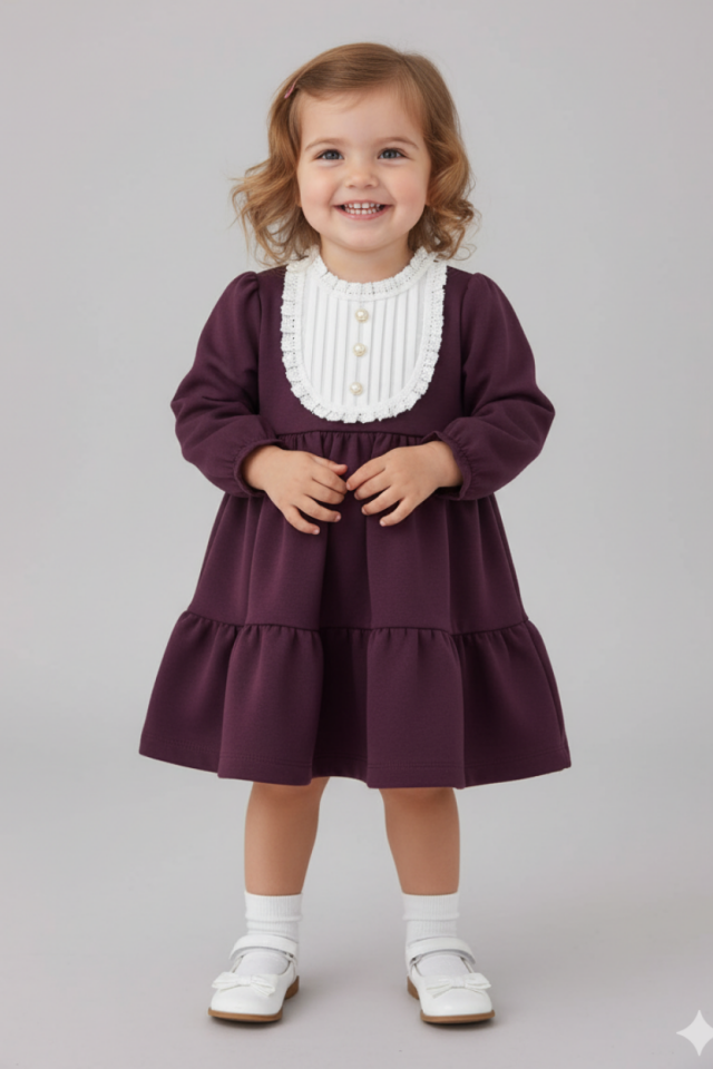 Mädchenkleid aus pflaumenfarbenem Krepp mit Schleife und Steindetails