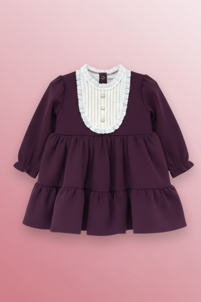 Mädchenkleid aus pflaumenfarbenem Krepp mit Schleife und Steindetails