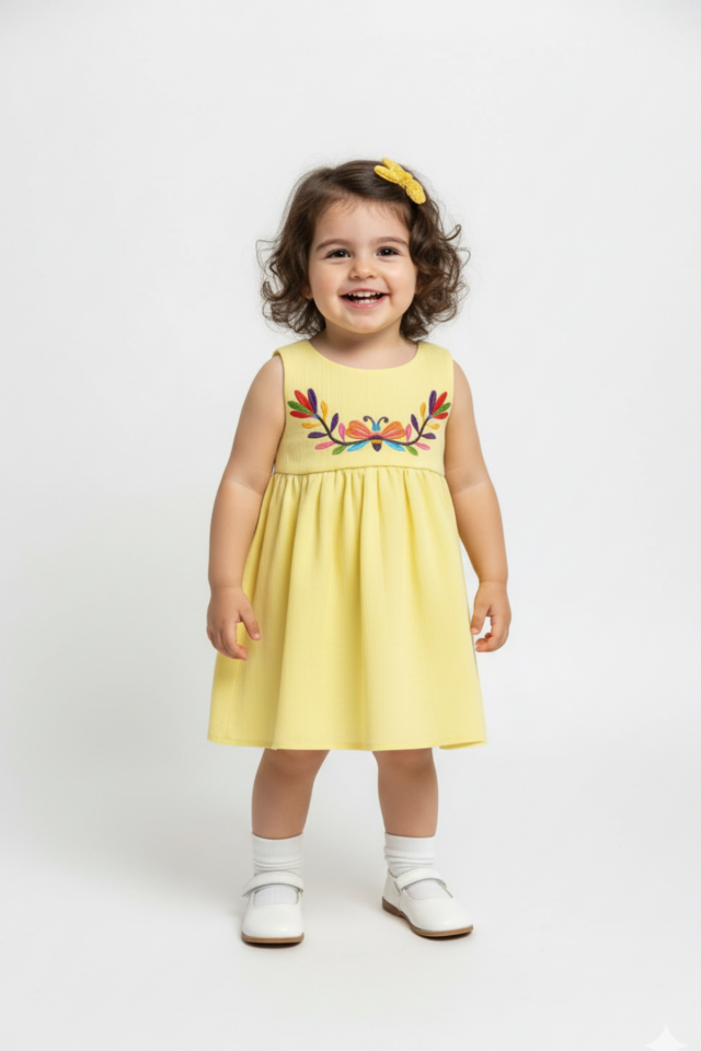 Nakışlı Şile Bezi Sarı Kız Çocuk Bebek Yazlık Pamuk Elbise