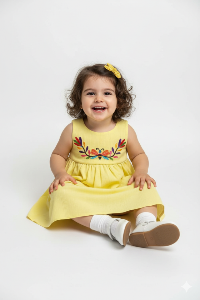 Nakışlı Şile Bezi Sarı Kız Çocuk Bebek Yazlık Pamuk Elbise