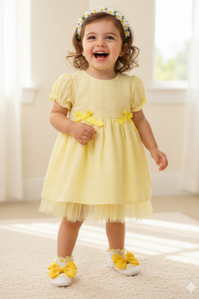 Kurdele Detaylı Tül Astarlı Sarı Fisto Abiye Tasarım Kız Çocuk Bebek Elbise