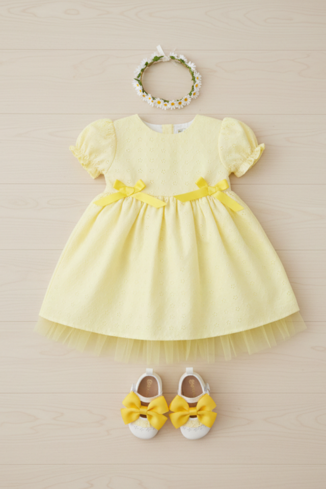 Kurdele Detaylı Tül Astarlı Sarı Fisto Abiye Tasarım Kız Çocuk Bebek Elbise