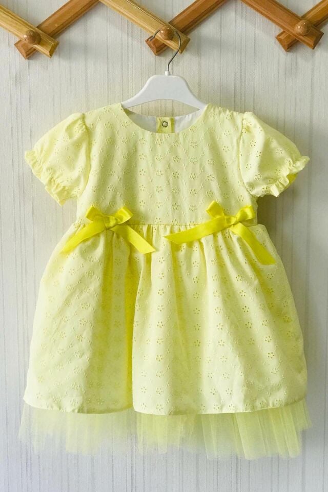 Ribbon Detailed Tulle Lined Yellow Cutout Evening Dress Design Girl Baby Dress yellow - 4 years old
